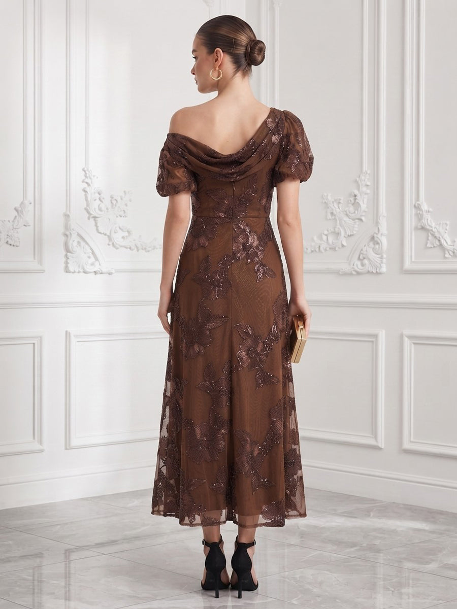 Tulle A Line One Shoulder Ankle Length Floral Embroidery Cocktail Dresses