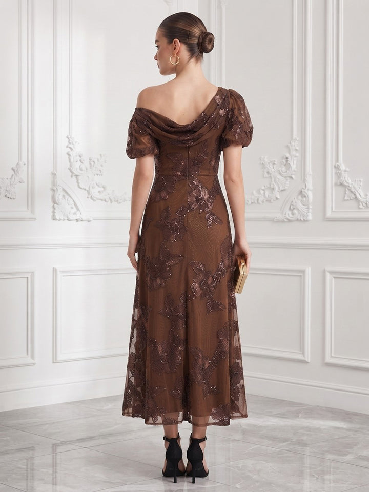 Tulle A Line One Shoulder Ankle Length Floral Embroidery Cocktail Dresses