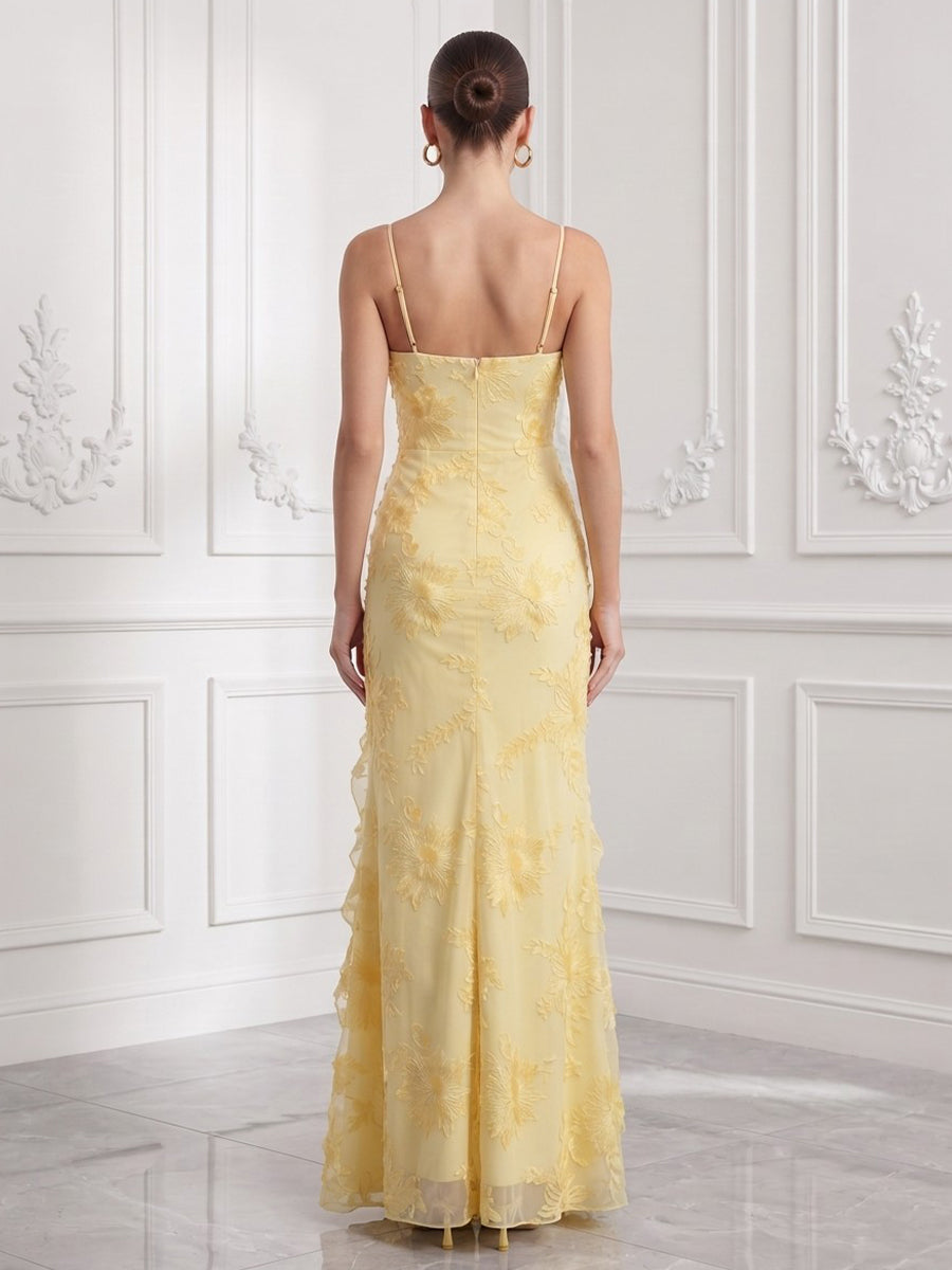 Tulle Sheath Spaghetti Straps Ankle Length Floral Embroidery Cocktail Dresses