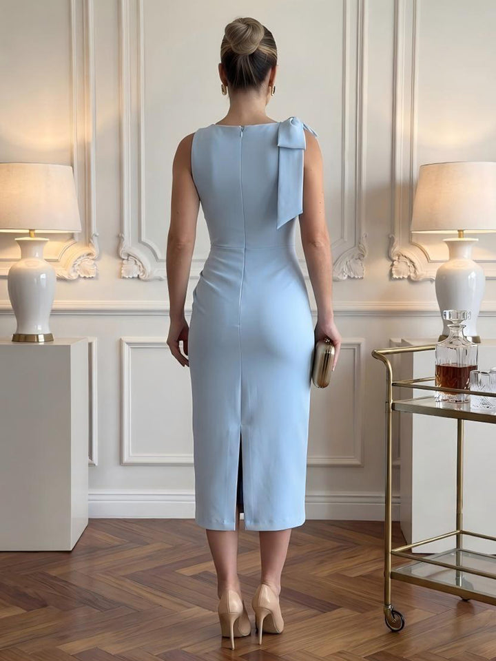 Satin Sheath Round Neck Tea Length Ruched Cocktail Dresses