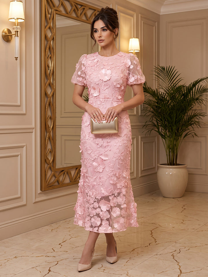 Tulle Sheath Round Neck Ankle Length Puff Sleeve Cocktail Dresses