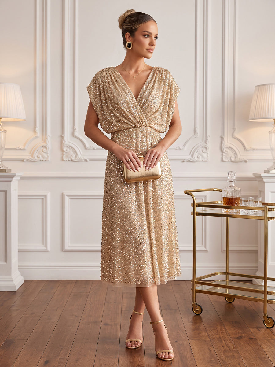 Sequin A Line V Neck Tea Length Glitter Cocktail Dresses