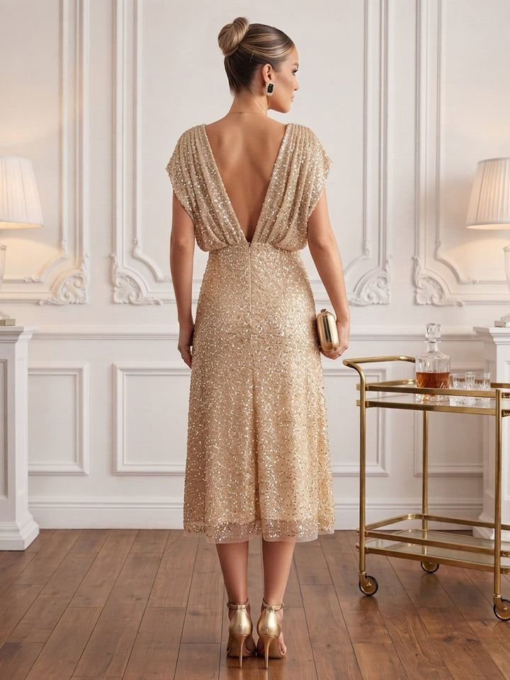 Sequin A Line V Neck Tea Length Glitter Cocktail Dresses