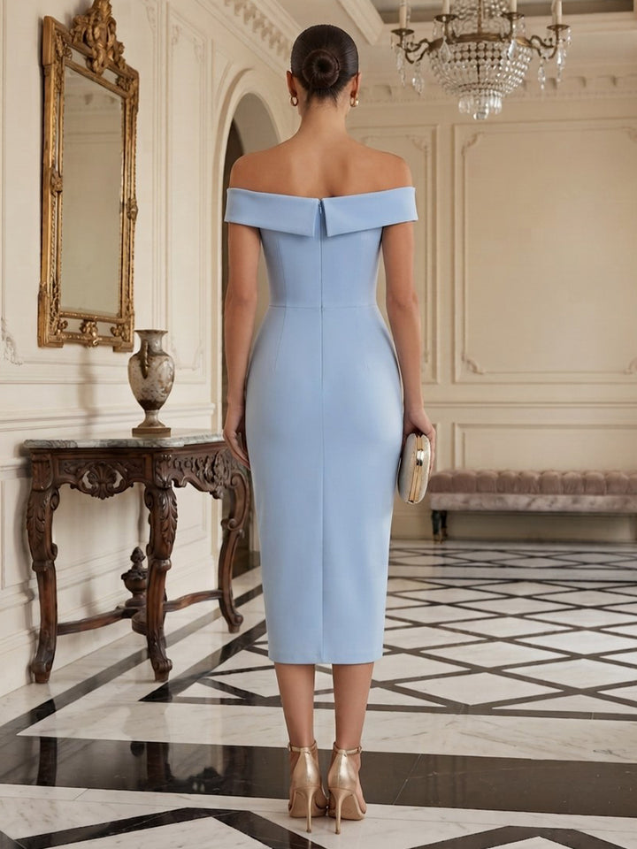 Satin Sheath Off the Shoulder Tea Length Fitted Bodycon Cocktail Dresses