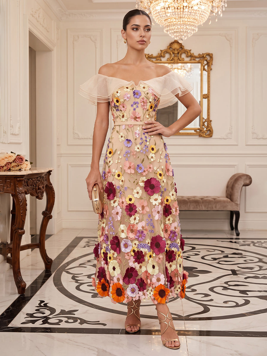 Tulle A Line Off the Shoulder Ankle Length Floral Embroidery Cocktail Dresses