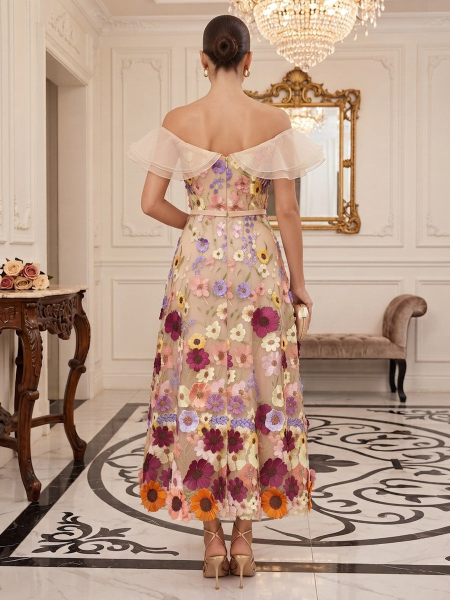 Tulle A Line Off the Shoulder Ankle Length Floral Embroidery Cocktail Dresses