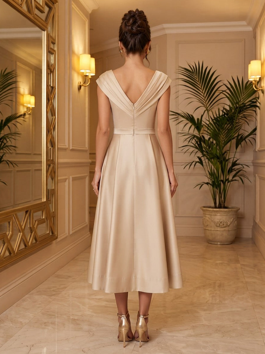 Satin A Line V Neck Tea Length Ruched Cocktail Dresses