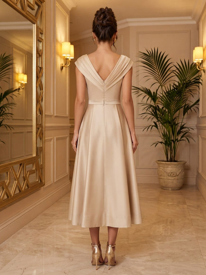 Satin A Line V Neck Tea Length Ruched Cocktail Dresses