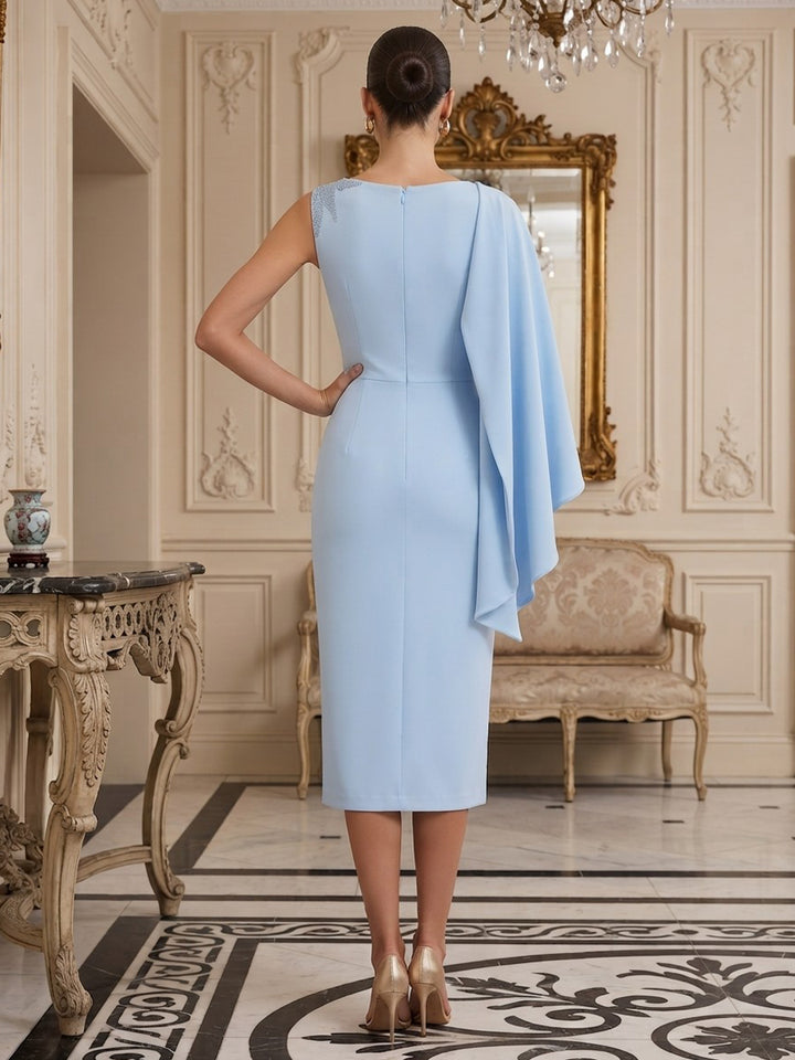 Satin Sheath Round Neck Tea Length Cape Sleeve Cocktail Dresses