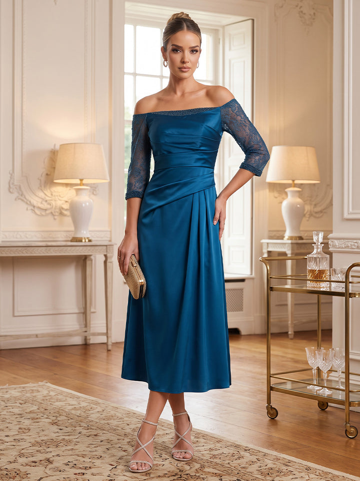 Satin A Line Off the Shoulder Tea Length Ruched Cocktail Dresses