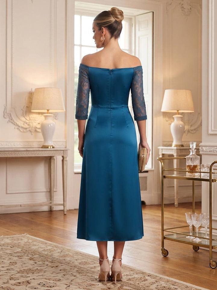 Satin A Line Off the Shoulder Tea Length Ruched Cocktail Dresses