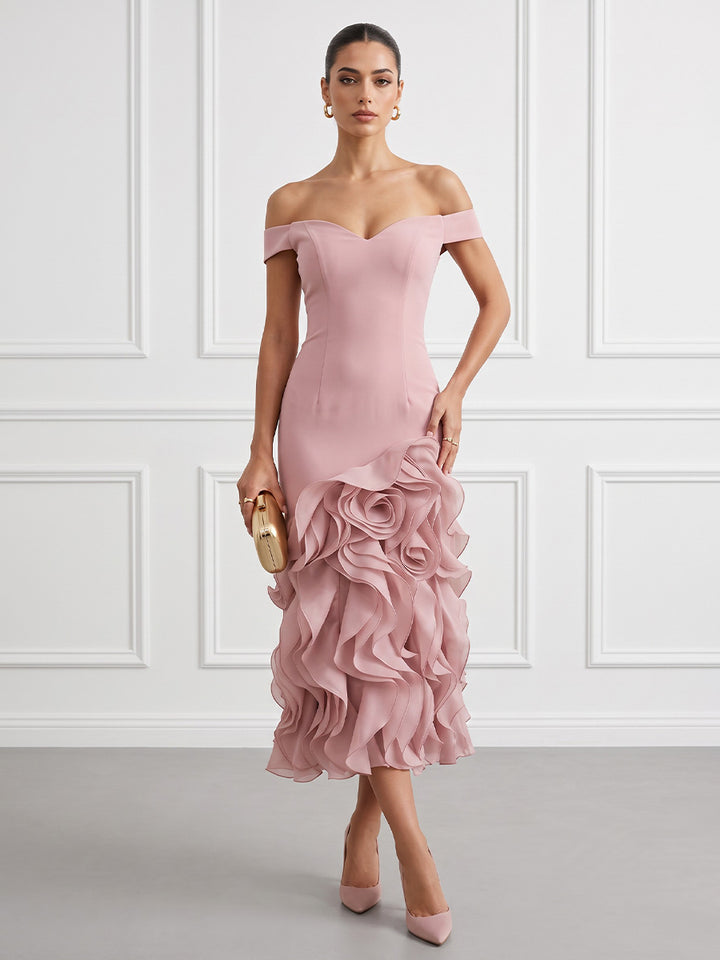 Satin Sheath Off the Shoulder Tea Length Fitted Bodycon Cocktail Dresses