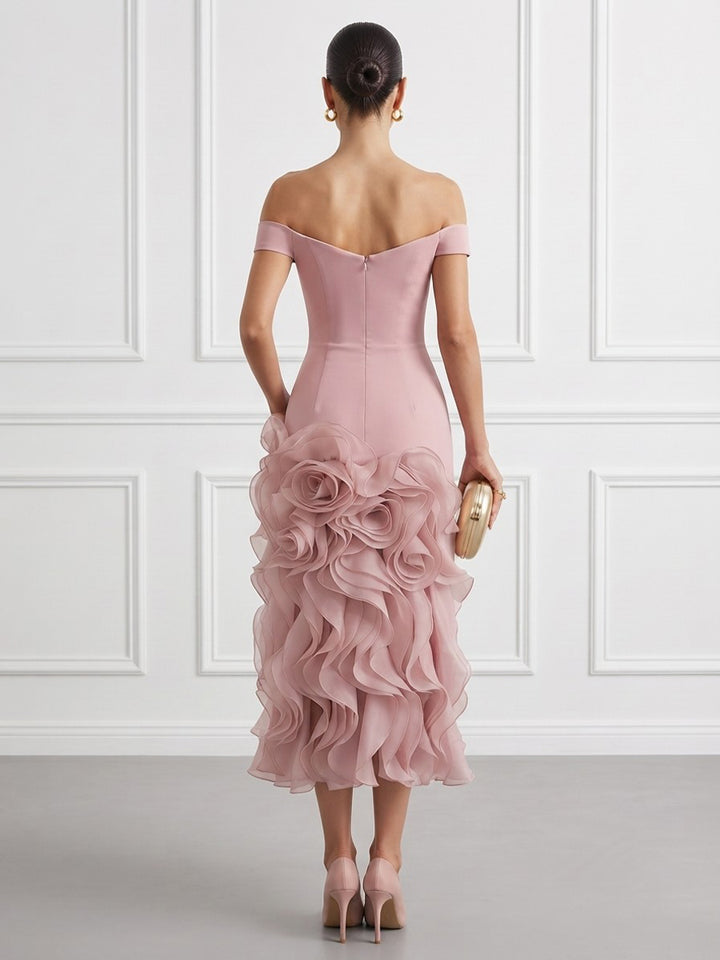 Satin Sheath Off the Shoulder Tea Length Fitted Bodycon Cocktail Dresses