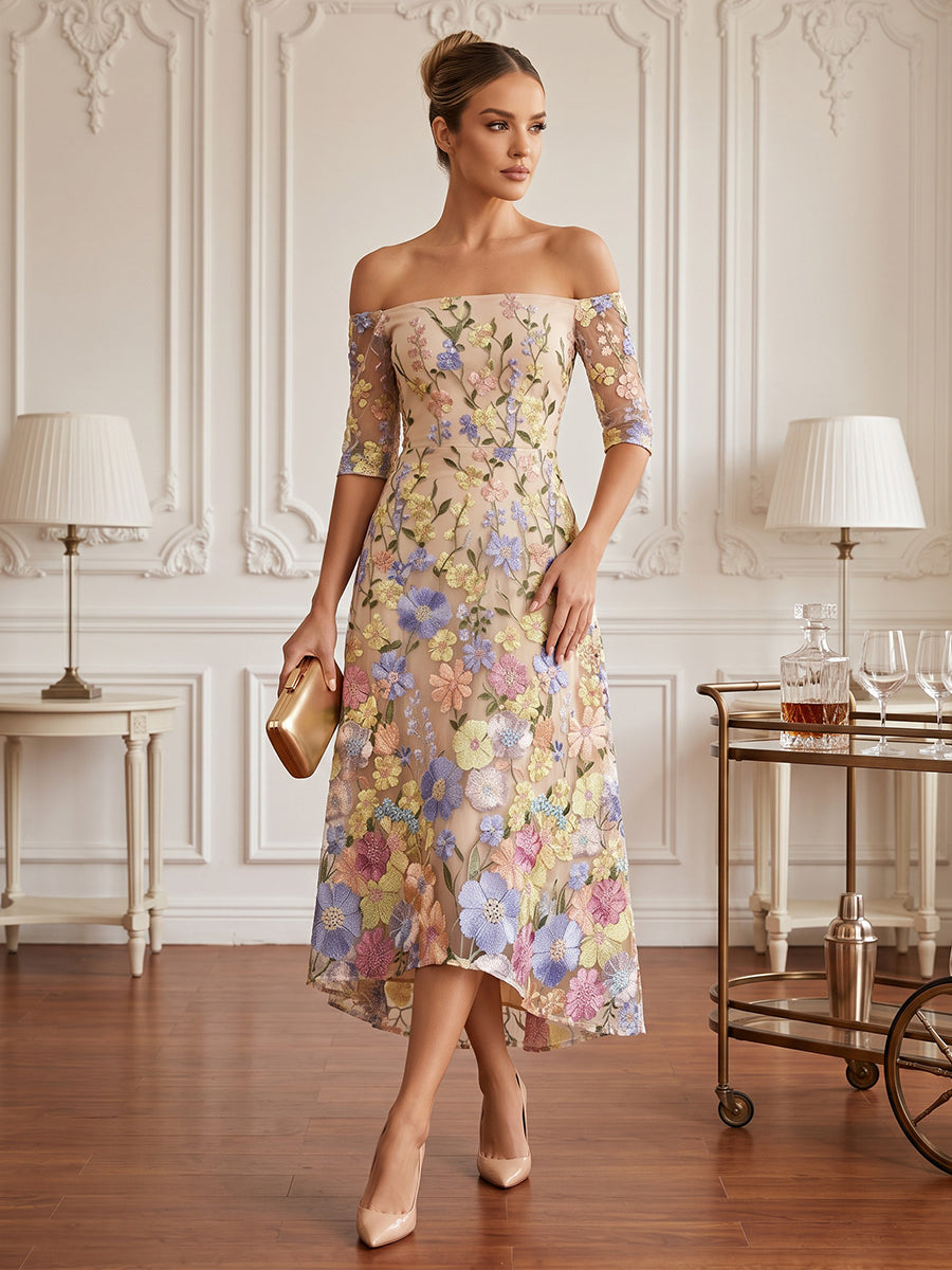Tulle A Line Off the Shoulder Tea Length Floral Embroidery Cocktail Dresses