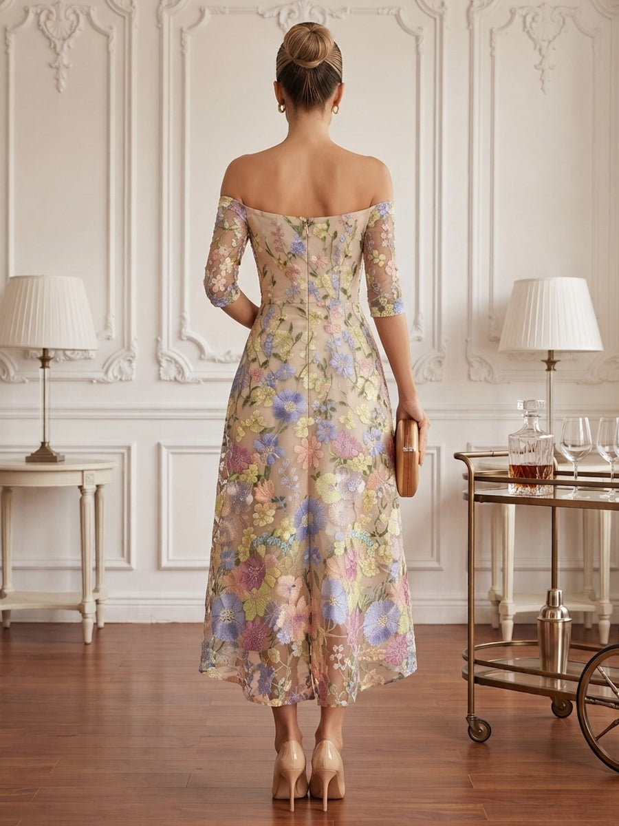 Tulle A Line Off the Shoulder Tea Length Floral Embroidery Cocktail Dresses