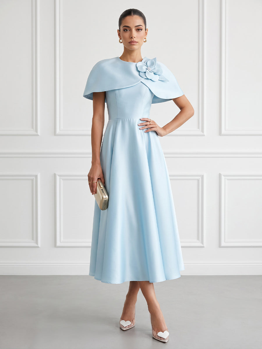 Satin A Line Round Neck Tea Length Fitted Waist Cocktail Dresses with Cape