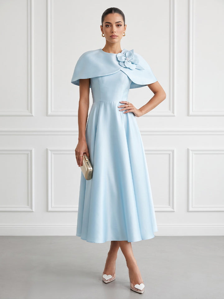 Satin A Line Round Neck Tea Length Fitted Waist Cocktail Dresses with Cape
