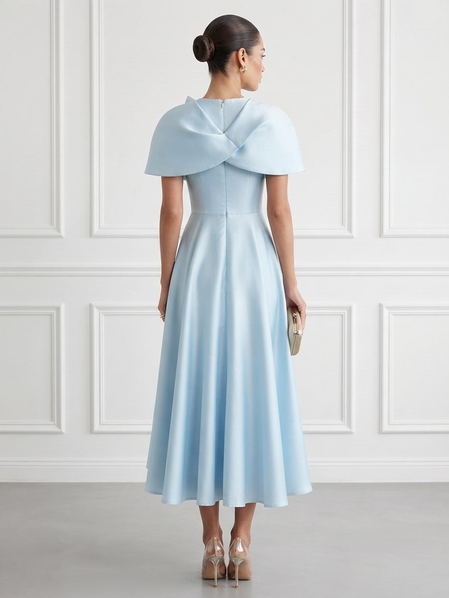 Satin A Line Round Neck Tea Length Fitted Waist Cocktail Dresses with Cape