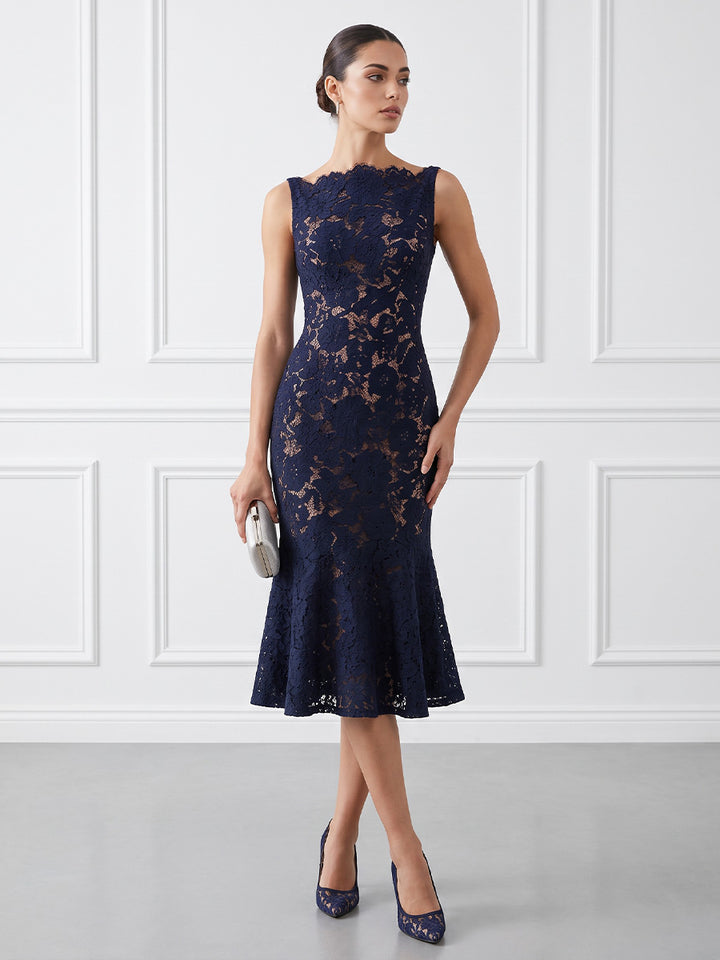 Laces Mermaid Bateau neck Tea Length Bodycon Cocktail Dresses