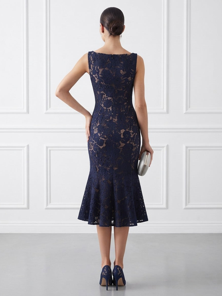 Laces Mermaid Bateau neck Tea Length Bodycon Cocktail Dresses