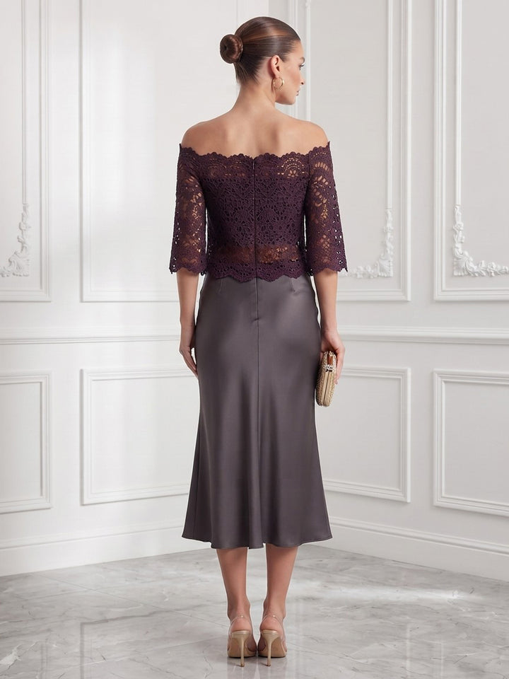 Laces Mermaid Off the Shoulder Tea Length Color Blocked Cocktail Dresses