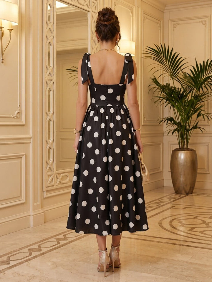 Satin A Line Square Neck Tea Length Polka Dot Cocktail Dresses