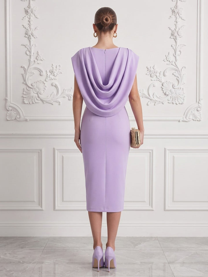 Satin Sheath Cowl Neck Tea Length Fitted Waist Cocktail Dresses