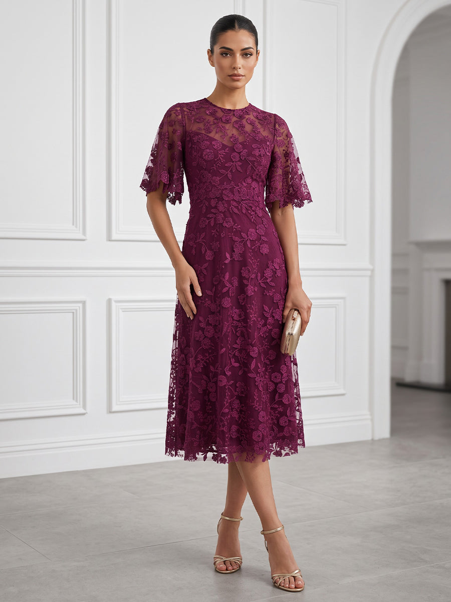 Tulle A Line Round Neck Tea Length Lace Applique Cocktail Dresses
