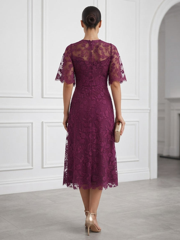 Tulle A Line Round Neck Tea Length Lace Applique Cocktail Dresses
