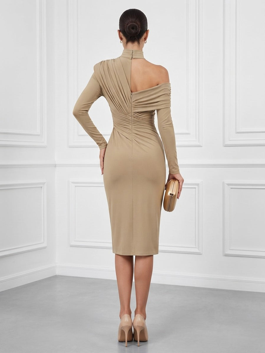 Stretch Mesh Sheath High Neck Tea Length Ruched Cocktail Dresses