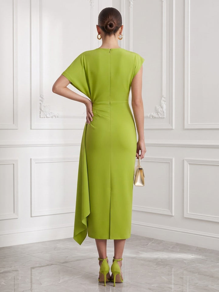 Satin A Line Round Neck Tea Length Ruched Cocktail Dresses