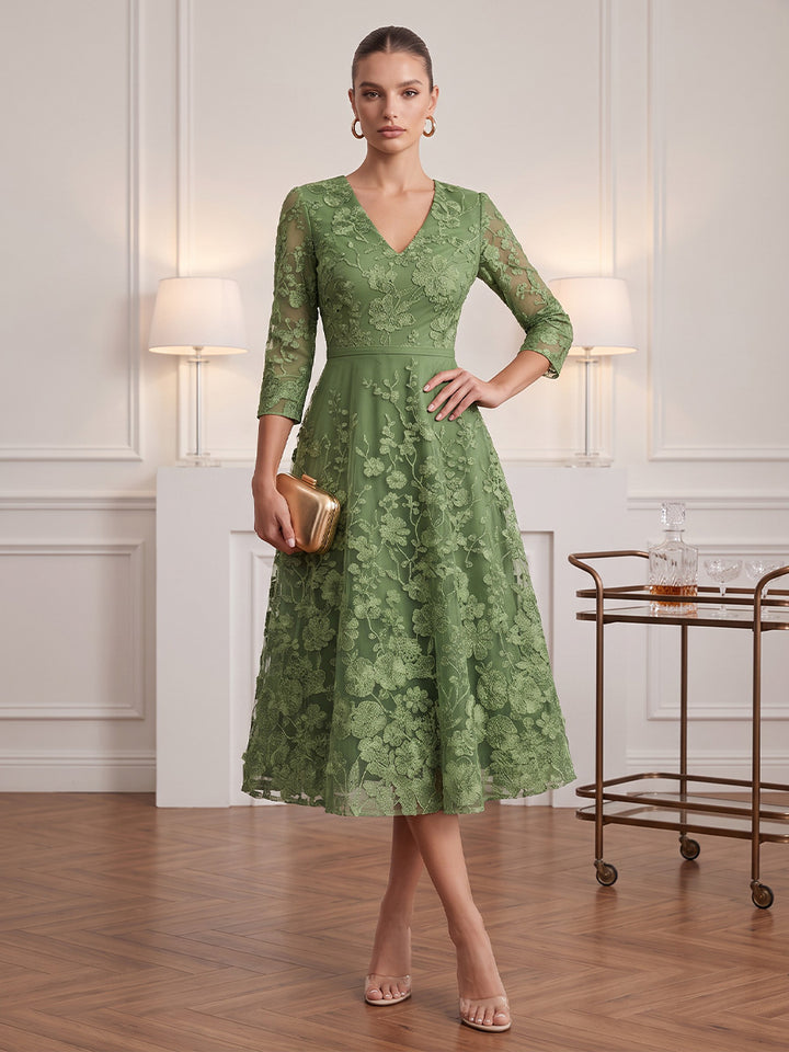 Tulle A Line V Neck Tea Length Floral Embroidery Cocktail Dresses