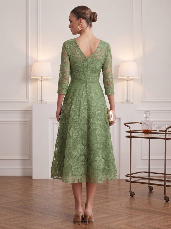 Tulle A Line V Neck Tea Length Floral Embroidery Cocktail Dresses
