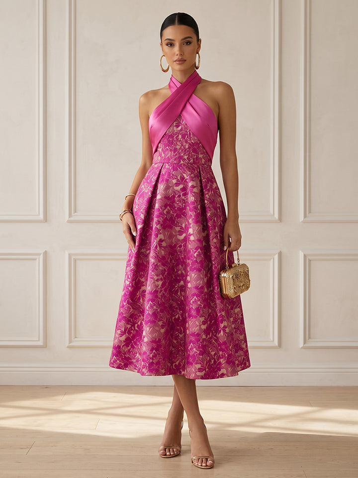 Satin Jacquard A Line Halter Tea Length Cross Wrap Cocktail Dresses