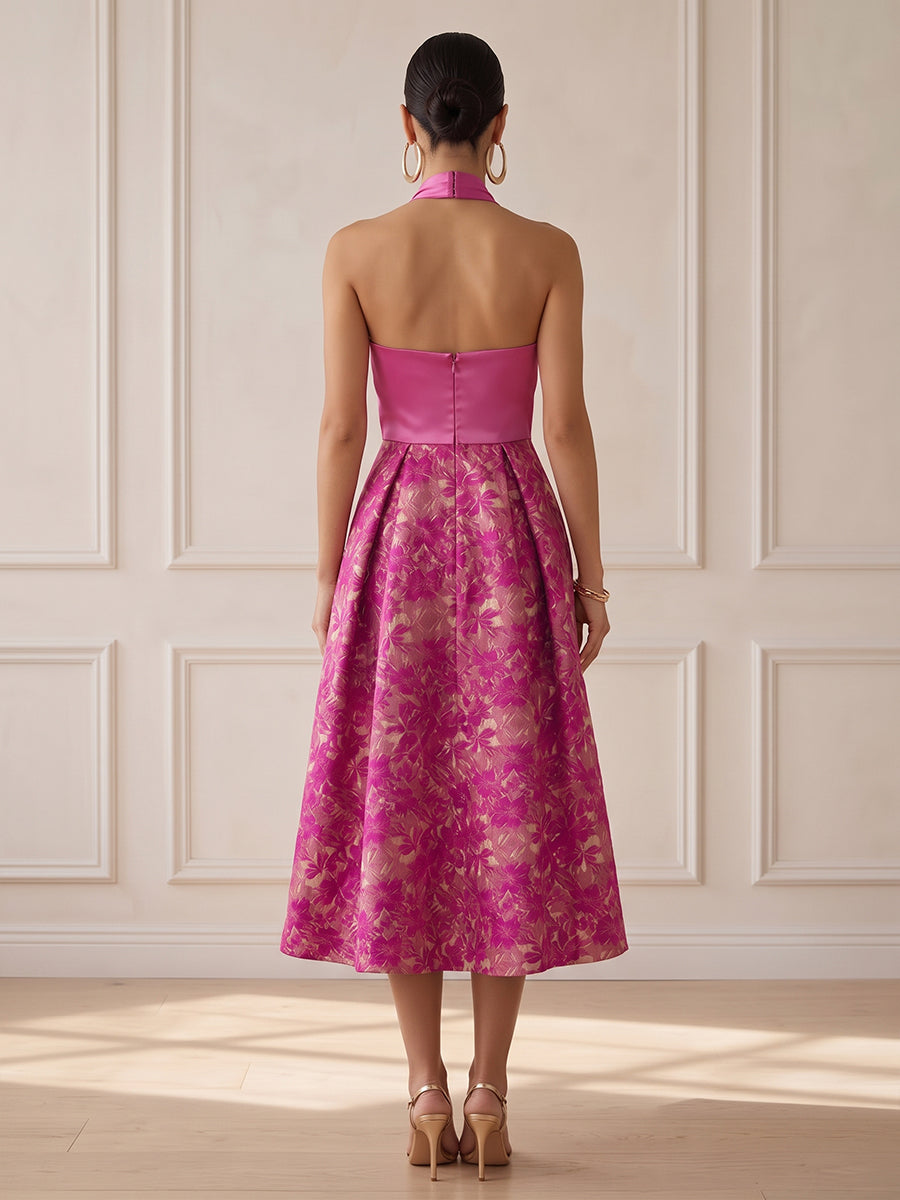 Satin Jacquard A Line Halter Tea Length Cross Wrap Cocktail Dresses