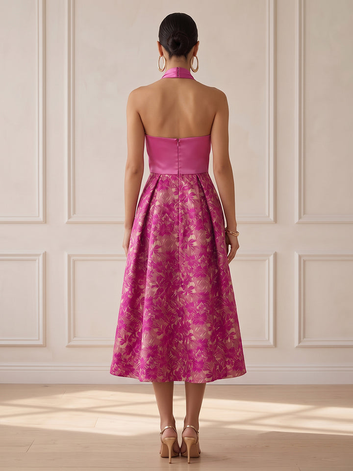 Satin Jacquard A Line Halter Tea Length Cross Wrap Cocktail Dresses
