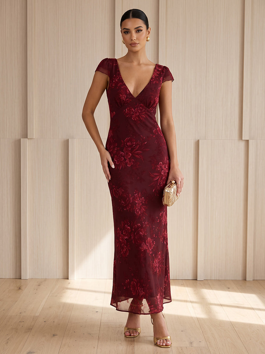 Tulle Sheath V Neck Ankle Length Floral Print Cocktail Dresses