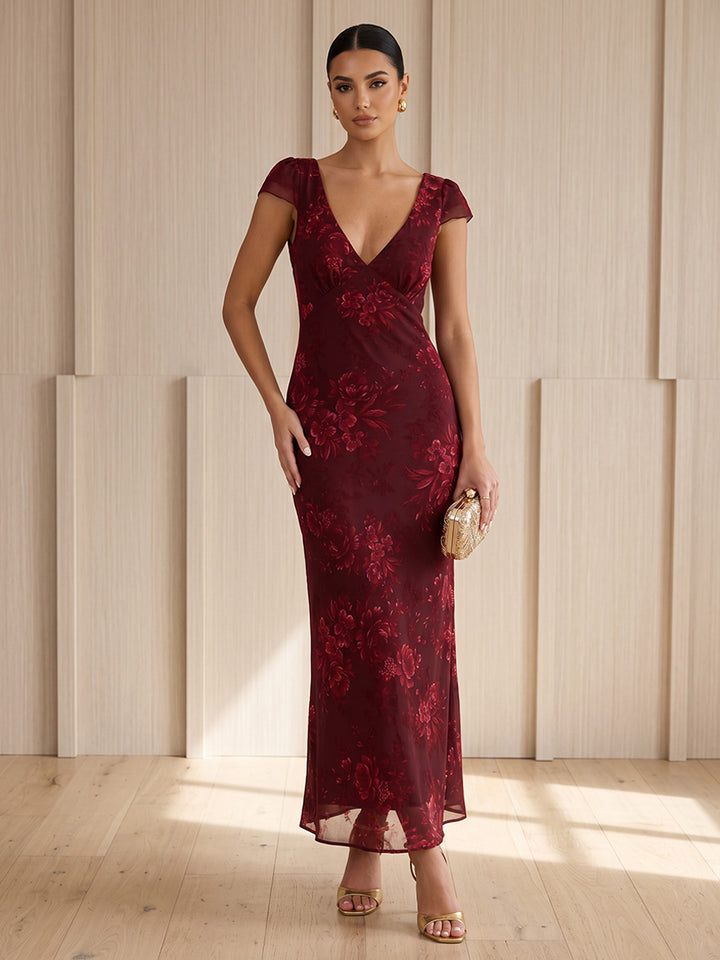 Tulle Sheath V Neck Ankle Length Floral Print Cocktail Dresses