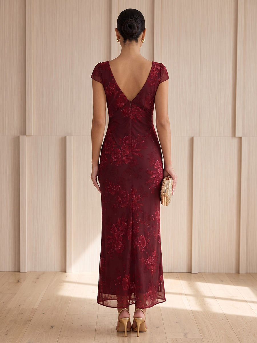 Tulle Sheath V Neck Ankle Length Floral Print Cocktail Dresses
