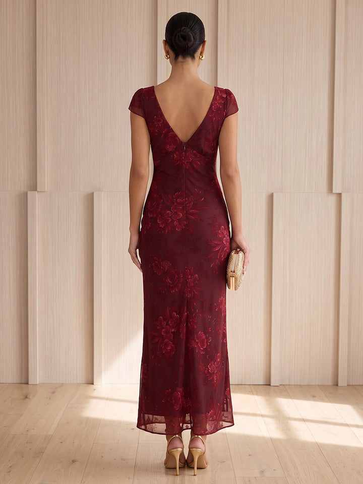 Tulle Sheath V Neck Ankle Length Floral Print Cocktail Dresses