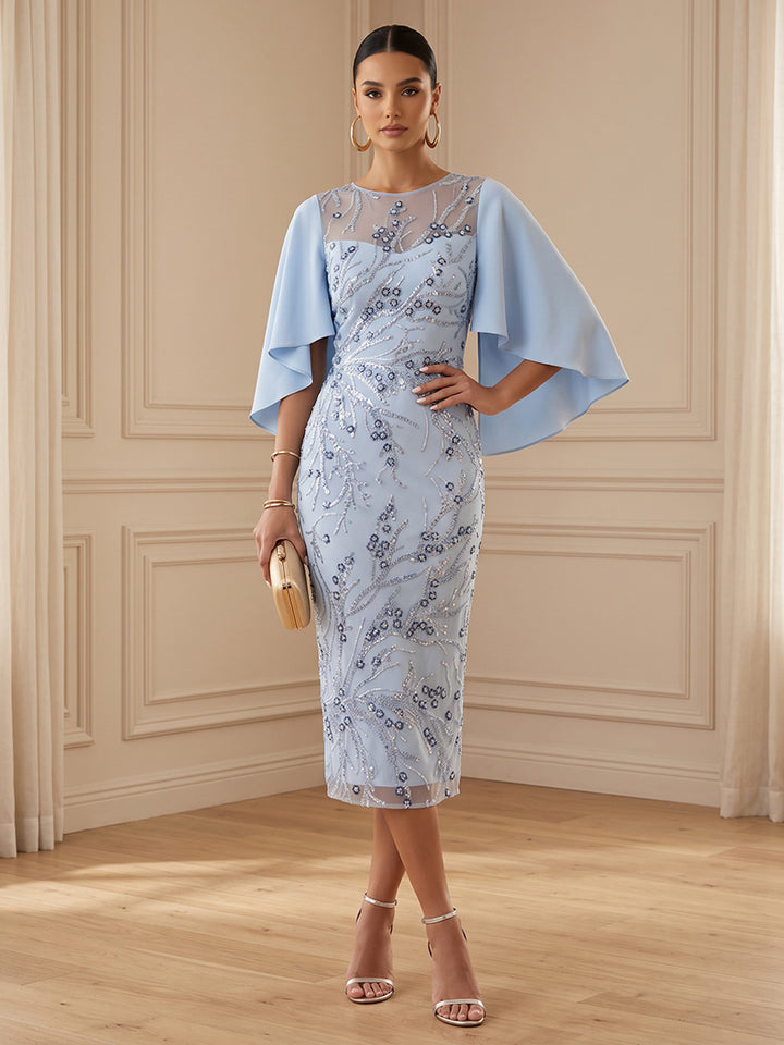 Tulle Sheath Round Neck Tea Length Ruffles Sleeves Cocktail Dresses
