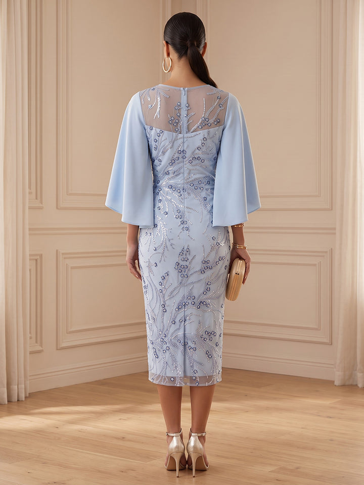 Tulle Sheath Round Neck Tea Length Ruffles Sleeves Cocktail Dresses