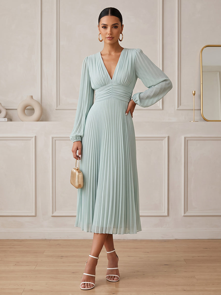 Chiffon A Line V Neck Tea Length Pleats Cocktail Dresses