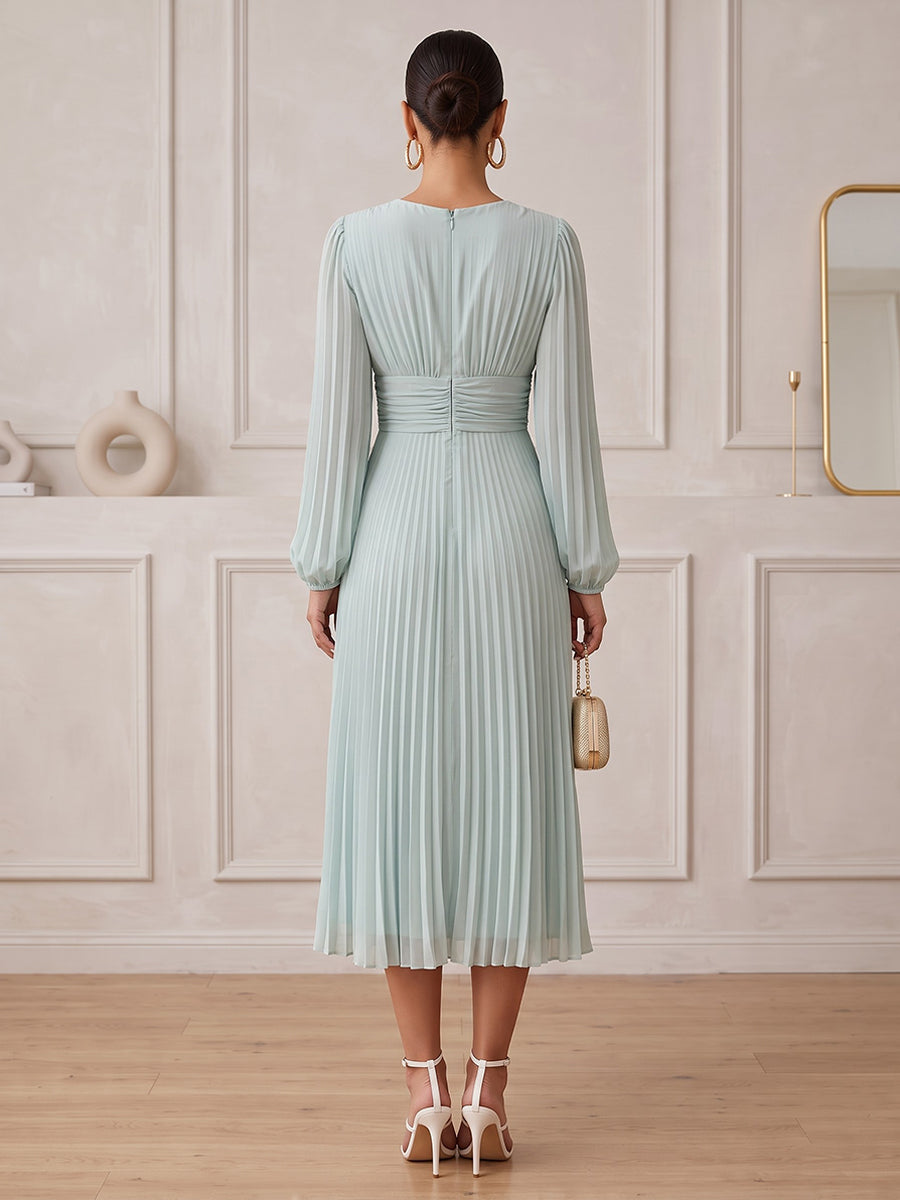 Chiffon A Line V Neck Tea Length Pleats Cocktail Dresses