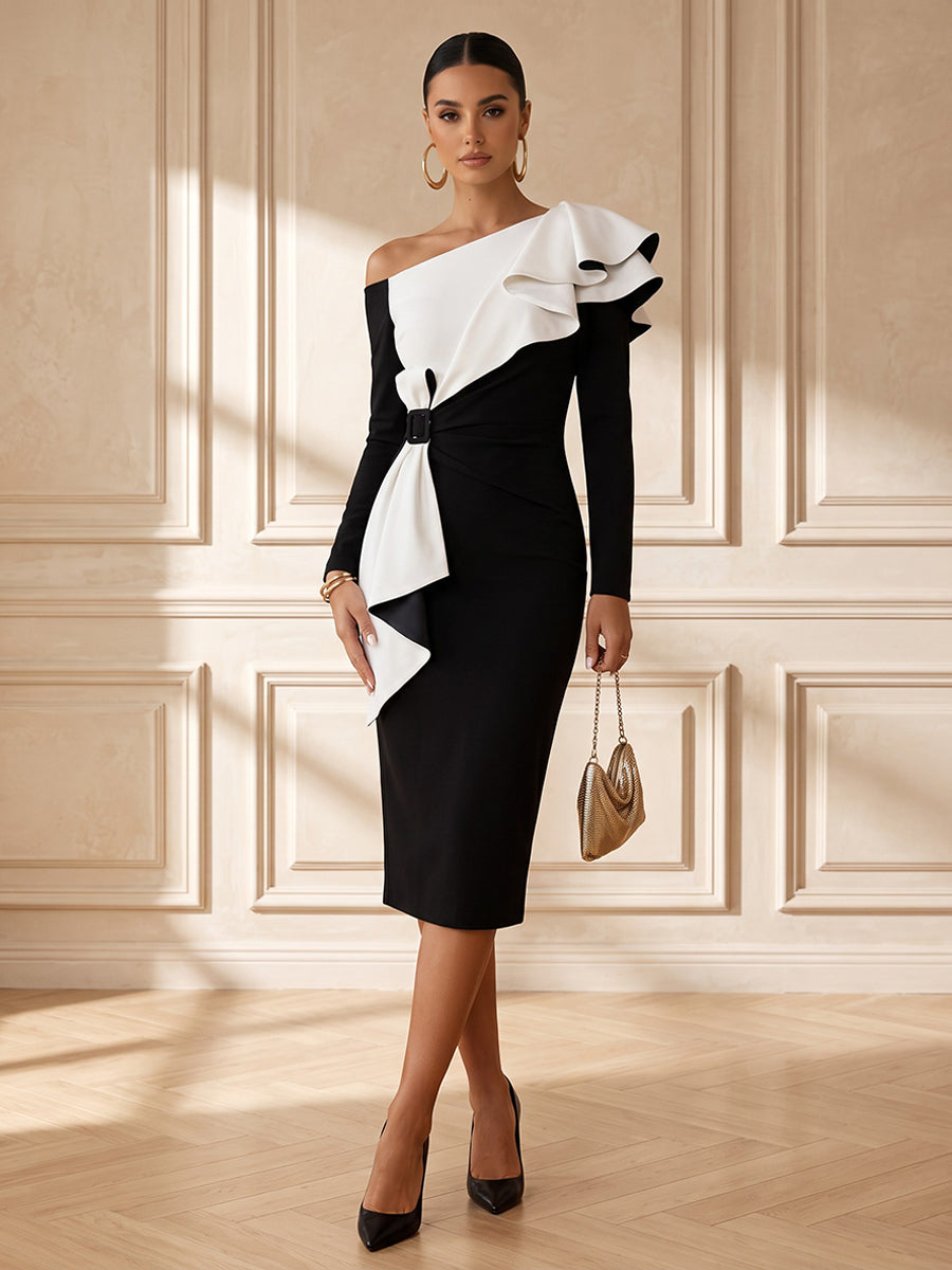 Satin Sheath One Shoulder Tea Length Ruffles Cocktail Dresses