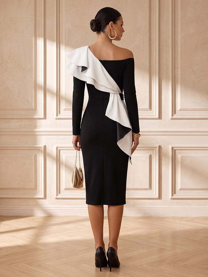 Satin Sheath One Shoulder Tea Length Ruffles Cocktail Dresses