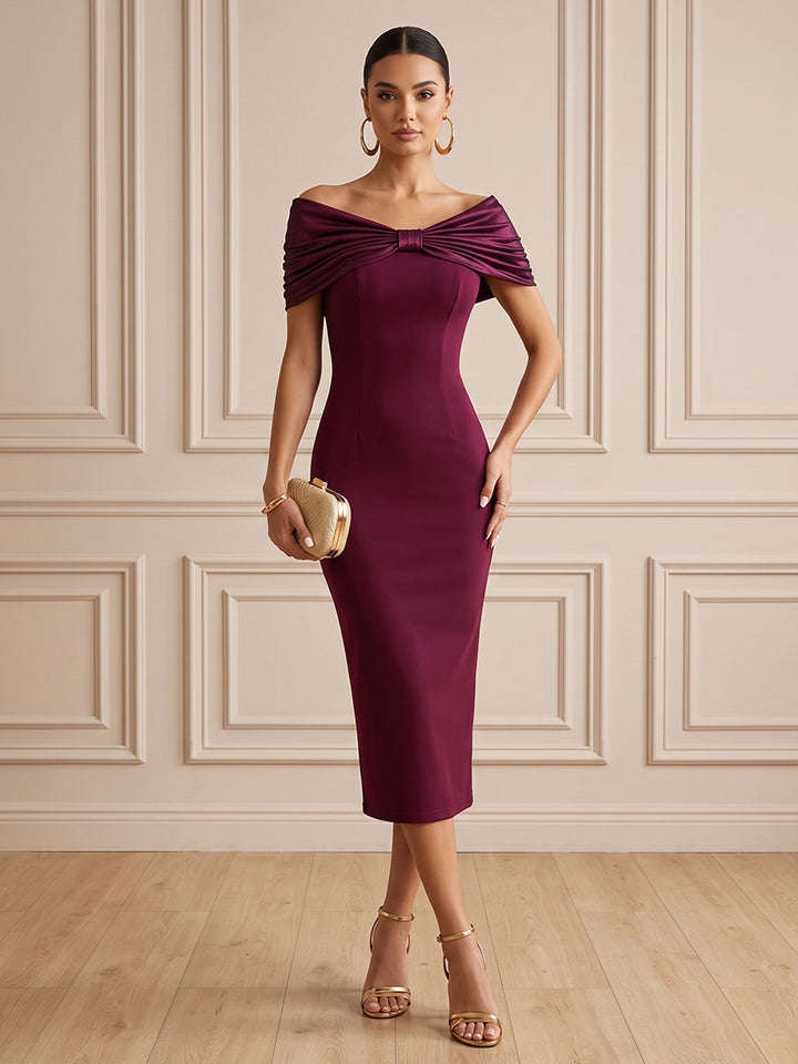Satin Sheath Off the Shoulder Tea Length Ruched Cocktail Dresses