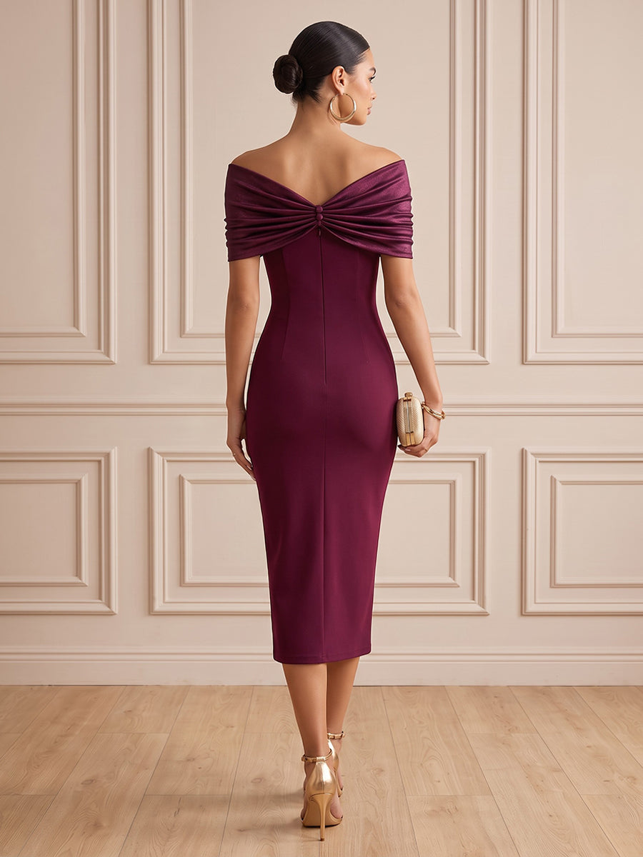 Satin Sheath Off the Shoulder Tea Length Ruched Cocktail Dresses