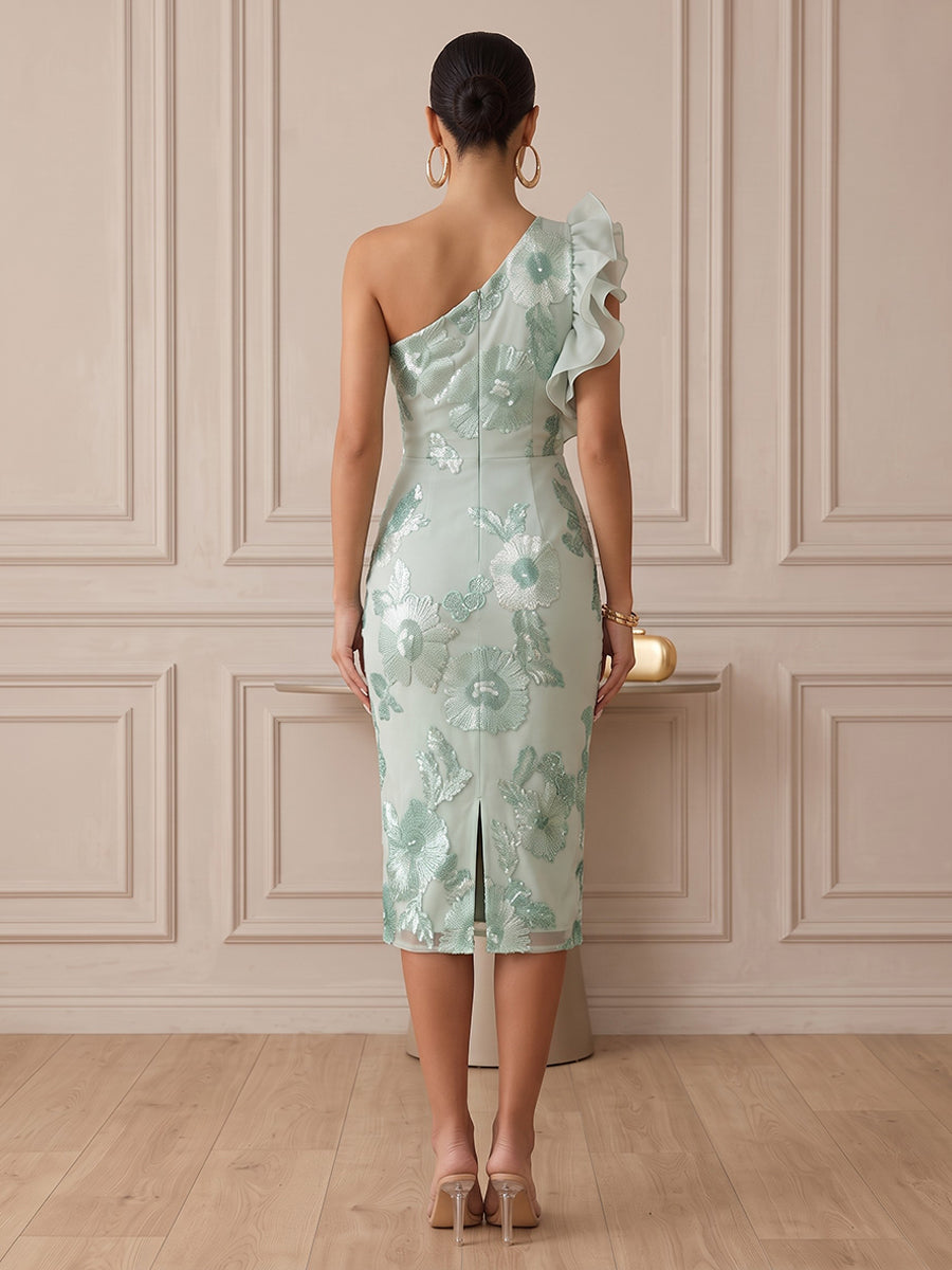 Tulle Sheath One Shoulder Tea Length Sequin Embroidery Cocktail Dresses