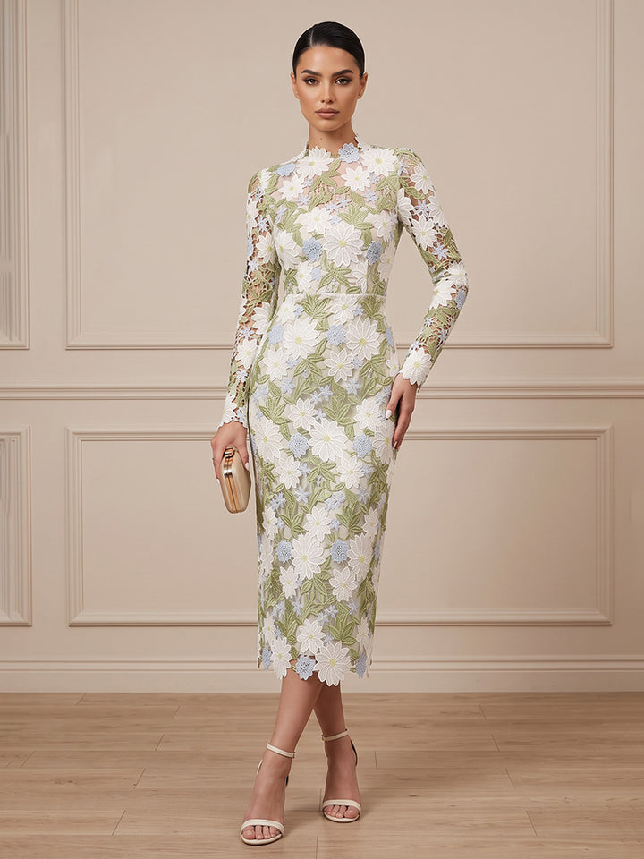 Tulle Sheath High Neck Tea Length Floral Embroidery Cocktail Dresses